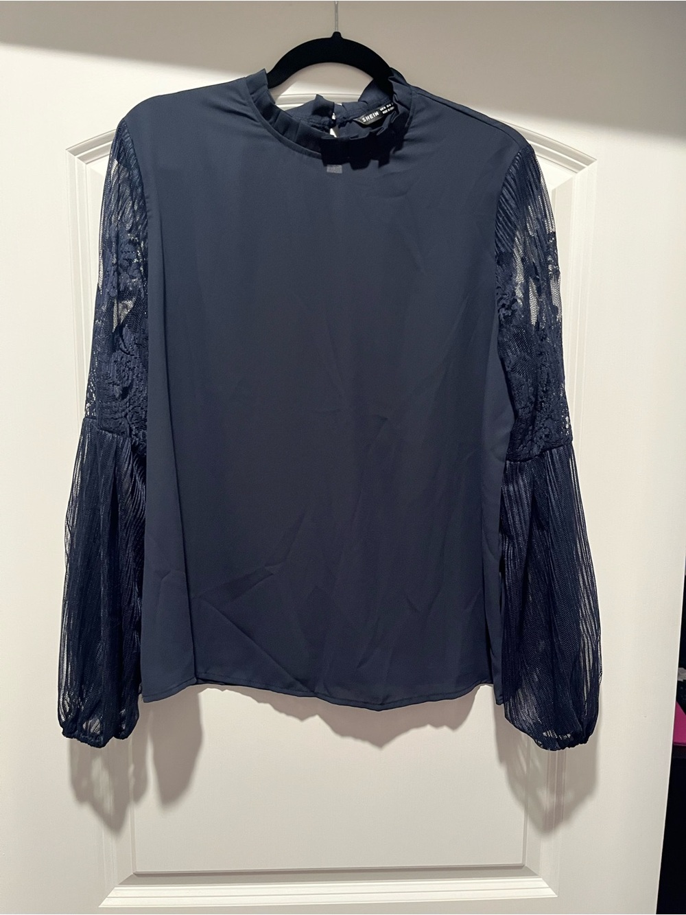 Women’s Navy Long-Sleeve Lace Detail Blouse